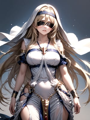 best quality, 8k, 8k UHD, ultra-high resolution, ultra-high definition, highres
,//Character, 
1girl, solo
,//Fashion, 
,//Background, 
,//Others, ,Expressiveh, 
SwordMaiden, long hair, blonde hair, blindfold, dress, 
Exhausted female warrior, torn armor, surrounded by encroaching black slimes, moonlit forest, determined expression