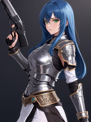 //Character, solo,MariaTraitor_SO3, 1girl, green eyes, long hair, blue hair, 
//Fashion, armor, fingerless gloves, pantyhose,
//Background, simple background, 
//Quality, (masterpiece), best quality, ultra-high resolution, ultra-high definition, highres, intricate, intricate details, absurdres, highly detailed, finely detailed, ultra-detailed, ultra-high texture quality, natural lighting, natural shadow, dramatic shading, dramatic lighting, vivid colour, perfect anatomy, 
//Others, gun