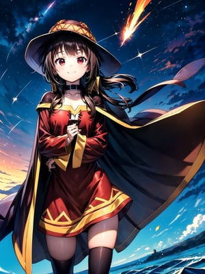 //Quality,
(masterpiece), (best quality), 8k illustration
,//Character,
1girl, solo, smile
,//Fashion,
,//Background,
night sky, meteor
,//Others,
superpower, book, float, feel astonished,Megu-KJ , megu dress , megu cape , asymmetrical legwear, right thighhighs, eyepatch,Megu-KJ