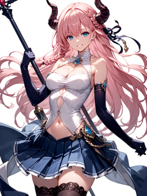 score_9,score_8_up,score_7_up,score_6_up, masterpiece, best quality
,//Character, 
1girl, solo,aura the guillotine \(frieren\)aura the guillotine \(frieren\), 1girl, blue eyes, long hair, braid, horns, medium breasts, pink hair
,//Fashion, 
jewelry, cleavage, navel cutout, bare shoulders, elbow gloves, pleated skirt, thighhighs
,//Background, white_background
,//Others,
evil smiling, holding_weapon 