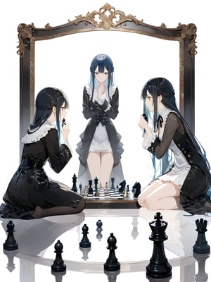masterpiece, best quality, highres
,//Character, 
1girl, solo
,//Fashion, 
,//Background, white background
,//Others, ,Expressiveh, 
,AobaTsukuyo,
A girl playing chess with her own reflection in a mirror, but the reflection is moving the pieces independently.