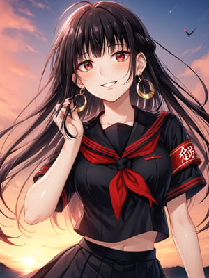 best quality, 8k, 8k UHD, ultra-high resolution, ultra-high definition, highres
,//Character, 
1girl, solo
,//Fashion, 
,//Background, 
,//Others, ,Expressiveh, 
AgakuraMajiri, 1girl, solo, long hair, black hair, red eyes, hoop earrings, black serafuku, sailor collar, black shirt, red neckerchief, armband, pleated skirt, black skirt,
A group of young girls in school uniforms playing a card game at sunset, cicadas chirping in the background.