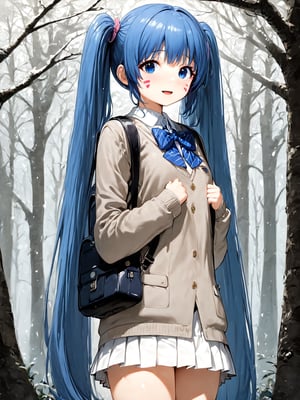 best quality, 8k, 8k UHD, ultra-high resolution, ultra-high definition, highres
,//Character, 
1girl, solo, hermit mio, long hair, blue hair, twintails, blue eyes, facial mark
,//Fashion, 
school_uniform
,//Background, 
,//Others, ,Expressiveh,
A young girl with long brown hair and bright eyes, standing at the edge of a magical forest. She's wearing a simple dress and holding a small backpack. Sunlight filters through the trees, creating a mystical atmosphere. The girl looks excited and slightly nervous.