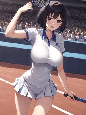 masterpiece, best quality, 8k, 8k UHD, ultra-high resolution, ultra-high definition, highres
,//Character, 
1girl, solo,ShimizuChikako, short hair, bob cut, black hair, black eyes, large breasts
,//Fashion, 
 tennis uniform
,//Background, 
,//Others, ,Expressiveh, 
v-shaped eyebrows, open mouth, sweat, red clay court, 
A young female tennis prodigy celebrating her victory at the Olympics, arms raised in triumph as the crowd cheers.