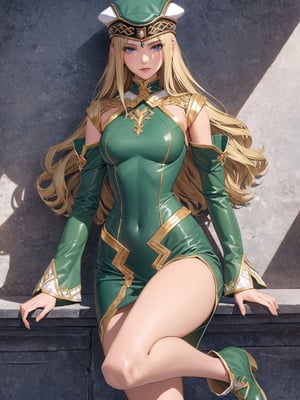 //Character, solo, Frey_VP, 1girl, blue eyes, long hair, blonde hair, 
//Fashion, hat, green dress, detached sleeves, green footwear, 
//Background, simple background, 
//Quality, (masterpiece), best quality, ultra-high resolution, ultra-high definition, highres, intricate, intricate details, absurdres, highly detailed, finely detailed, ultra-detailed, ultra-high texture quality, natural lighting, natural shadow, dramatic shading, dramatic lighting, vivid colour, perfect anatomy, 
//Others, 