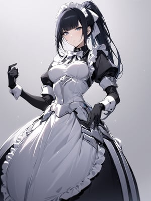 //Character, 1girl, solo,narberal gamma \(overlord\), long hair, black hair, glay eyes, bangs, ponytail, medium breats
//Fashion, ribbon, bow, maid, apron, armored dress, gloves
//Background, white_background, simple background, 
//Quality, (masterpiece), best quality, ultra-high resolution, ultra-high definition, highres, intricate, intricate details, absurdres, highly detailed, finely detailed, ultra-detailed, ultra-high texture quality, natural lighting, natural shadow, dramatic shading, dramatic lighting, vivid colour, perfect hands, perfect fingers, perfect anatomy, 
//Others, 