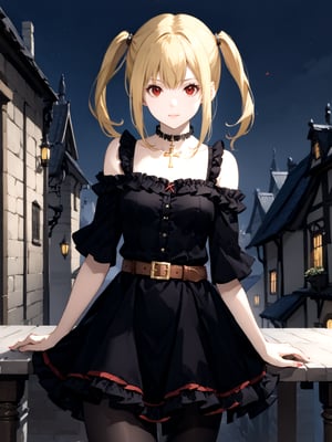 masterpiece, best quality, highres
,//Character, 
1girl, solo,AmaneMisa, twintails, blonde hair, red eyes, sidelocks
,//Fashion, 
black dress, sleeveless, bare shoulders, collarbone, choker, skirt, frills, belt, black pantyhose, cross
,//Background, 
,//Others, ,Expressiveh, 
A twin-tailed assassin girl perched on a rooftop, observing a medieval fantasy city at night.