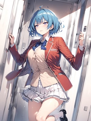 //Quality,
masterpiece, best quality, detailed
,//Character,
,IbukiMio, 1girl, solo, breasts, short hair, bangs, blue eyes, blue hair, purple eyes, ahoge, shiny hair
,//Fashion,
school uniform, red jacket, open clothes, blue bow, collared shirt, pleated skirt, black footwear, white socks
,//Background,
Elevator, closed room, sweaty summer, kicking the door
,//Others,
, IbukiMio