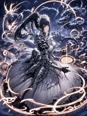 //Quality,
masterpiece, best quality, detailed
,//Character,
,narberal gamma \(overlord\), 1girl, solo, long hair, black hair, glay eyes, bangs, ponytail, medium breats
,//Fashion,
ribbon, bow, maid, dress, armor, gloves
,//Background,
night_sky, flying
,//Others,
magic chanting, magic circle, electric magic, lightning, oriental dragon