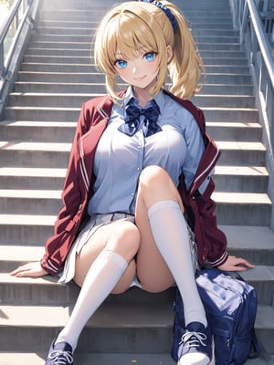 //Quality,
masterpiece, best quality, detailed
,//Character,
1girl, solo,KaruizawaKei, 1girl, blue eyes, blonde hair, ponytail, bangs, breasts, hair ornament
,//Fashion,
school uniform, red jacket, open jacket, hair scrunchie, bowtie, white skirt, pleated skirt, kneehighs, white socks, shoes
,//Background,
school stairs
,//Others,
sitting, smile