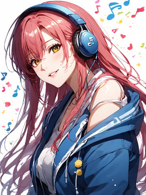 masterpiece, best quality, highres
,//Character, 
1girl, solo
,//Fashion, 
,//Background, white background
,//Others, ,Expressiveh, 
,AobaTsukuyo,
A girl wearing headphones, with music notes visibly flowing out and transforming the world around her into colorful, abstract shapes.