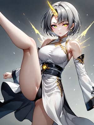 best quality, 8k, 8k UHD, ultra-high resolution, ultra-high definition, highres
,//Character, 
1girl, solo
,//Fashion, 
,//Background, 
,//Others, ,Expressiveh, 
Ataru, short hair, grey hair, yellow eyes, heterochromia, glowing, single horn, dress, legs,
A martial artist mid-kick, her gi revealing a glimpse of athletic physique.