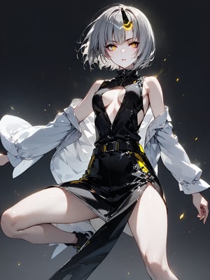 best quality, 8k, 8k UHD, ultra-high resolution, ultra-high definition, highres
,//Character, 
1girl, solo
,//Fashion, 
,//Background, 
,//Others, ,Expressiveh, 
Ataru, short hair, grey hair, yellow eyes, heterochromia, glowing, single horn, dress, legs,
A martial artist mid-kick, her gi revealing a glimpse of athletic physique.