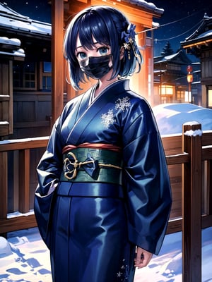 //Quality,
(masterpiece), (best quality), 8k illustration,
,//Character,
1girl, solo, 
,//Fashion,
details (dark blue silk brocade kimono)
,//Background,
Kyoto, outdoors, winter, snow
,//Others,
virus, mask, goodbye,hmakane, blue hair, short hair