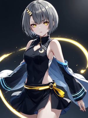 best quality, 8k, 8k UHD, ultra-high resolution, ultra-high definition, highres
,//Character, 
1girl, solo
,//Fashion, 
,//Background, 
,//Others, ,Expressiveh, 
Ataru, short hair, grey hair, yellow eyes, heterochromia, glowing, single horn, dress, legs,
A female martial artist demonstrating a complex kata, her gi in motion