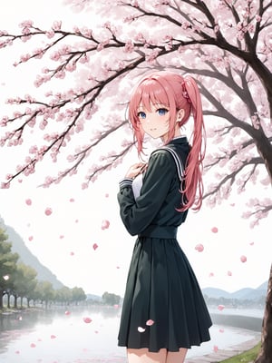 masterpiece, best quality, highres
,//Character, 
1girl, solo,MiaChristoph
,//Fashion, 

,//Background, white background
,//Others, ,Expressiveh, 
A shy schoolgirl peeking from behind a cherry blossom tree, soft petals falling around her.