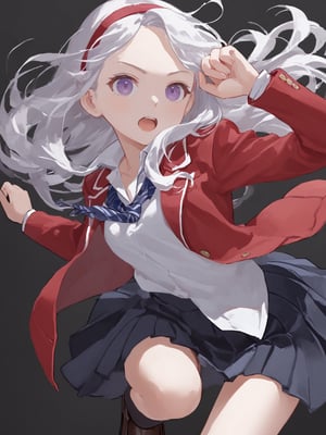 score_9,score_8_up,score_7_up,score_6_up, masterpiece, best quality, 8k, 8k UHD, ultra-high resolution, ultra-high definition, highres
,//Character, 
1girl, solo, long hair, white hair, purple eyes
,//Fashion, 
school uniform, red jacket, pantyhose, pleated skirt, hairband
,//Background, white_background
,//Others, ,Expressiveh,
fighting stance, dynamic pose,forehead