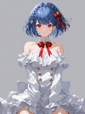 masterpiece, best quality, 8k, 8k UHD, ultra-high resolution, ultra-high definition, highres
,//Character, 
1girl, solo, short hair, blue hair, shiny hair, red eyes, bangs, braid
,//Fashion, 
santa_costume, hair ribbon
,//Background, white_background
,//Others, ,Expressiveh,
dynamic pose, dark energy