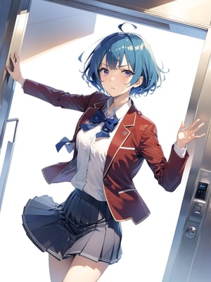 //Quality,
masterpiece, best quality, detailed
,//Character,
, IbukiMio, 1girl, solo, breasts, short hair, bangs, blue eyes, blue hair, purple eyes, ahoge, shiny hair
,//Fashion,
school uniform, red jacket, open clothes, blue bow, collared shirt, pleated skirt,
,//Background,
Elevator, closed room, sweaty summer, kicking the door
,//Others,
