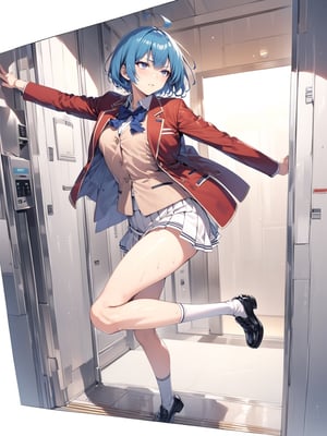 //Quality,
masterpiece, best quality, detailed
,//Character,
,IbukiMio, 1girl, solo, breasts, short hair, bangs, blue eyes, blue hair, purple eyes, ahoge, shiny hair
,//Fashion,
school uniform, red jacket, open clothes, blue bow, collared shirt, pleated skirt, black footwear, white socks
,//Background,
Elevator, closed room, sweaty summer, kicking the door
,//Others,
