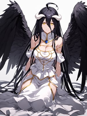 masterpiece, best quality, highres
,//Character, 
1girl, solo,albedo \(overlord\), long hair, black hair, hair between eyes, yellow eyes, horns, ahoge, black wings, feathered wings, low wings
,//Fashion, 
white gloves, white dress, bare shoulders, detached collar, cleavage, slit pupils
,//Background, 
,//Others, ,Expressiveh, 
A young priestess kneeling before a dark altar, surrounded by ominous statues and flickering candles.