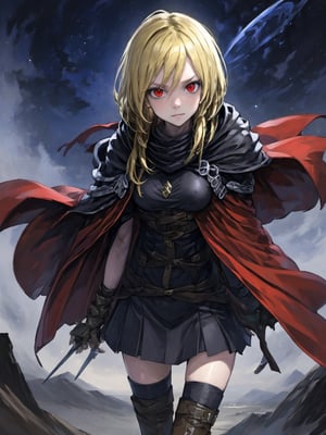 //Quality,
masterpiece, best quality, detailed
,//Character,
,Evileye \(overlord\), 1girl, solo, blonde hair, red eyes, hair between eyes, small breasts
,//Fashion,
hood, black dress, torn clothes, covered navel, red cloak, hooded cloak, black thighhighs, torn thighhighs, boots, black footwear
,//Background,
dune hill of Swords, starry_sky
,//Others,
hood up