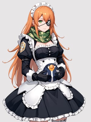 score_9,score_8_up,score_7_up,score_6_up, masterpiece, best quality
,//Character, 
1girl, solo,cz2128_delta \(overlord\), long hair, green eyes, orange hair, eyepatch
,//Fashion, 
maid, maid headdress, camouflage, green scarf, gloves, dress, armor
,//Background, white_background
,//Others,
(holding large Stuffed Penguin:1.3)