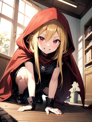 //Quality,
(masterpiece), (best quality), 8k illustration
,//Character,
1girl, solo, grin
,//Fashion,
,//Background,
indoors, bed
,//Others,
crawling on all fours, aiming for prey, ,evileye_overlord, blonde hair, red eyes, cape, torn clothes, cloak, hooded cloak