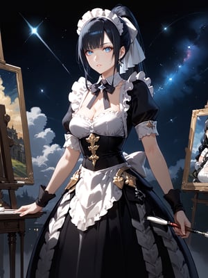 score_9,score_8_up,score_7_up,score_6_up, masterpiece, best quality, highres
,//Character, 
1girl, solo,narberal gamma \(overlord\), long hair, black hair, glay eyes, bangs, ponytail, medium breats
,//Fashion, 
maid
,//Background, 
,//Others, ,Expressiveh, 
A girl painting the night sky with a gigantic paintbrush, creating stars and galaxies with each stroke.