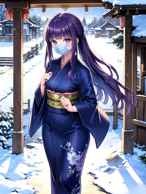 //Quality,
(masterpiece), (best quality), 8k illustration,
,//Character,
1girl, solo, 
,//Fashion,
details (dark blue silk brocade kimono)
,//Background,
Kyoto, outdoors, winter, snow
,//Others,
chin mask,goodbye,aafern, long hair, purple hair