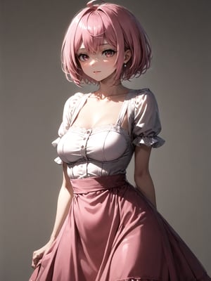 best quality, 8k, 8k UHD, ultra-high resolution, ultra-high definition, highres
,//Character, 
1girl, solo
,//Fashion, 
,//Background, 
,//Others, ,Expressiveh, 
Alural, short hair, pink hair, pink eyes, dress