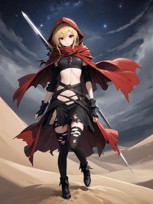 //Quality,
masterpiece, best quality, detailed
,//Character,
,Evileye \(overlord\), 1girl, solo, blonde hair, red eyes, hair between eyes, small breasts
,//Fashion,
hood, black dress, torn clothes, covered navel, red cloak, hooded cloak, black thighhighs, torn thighhighs, boots, black footwear
,//Background,
(dune) hill of Swords, Sandstorm, starry_sky
,//Others,
hood up