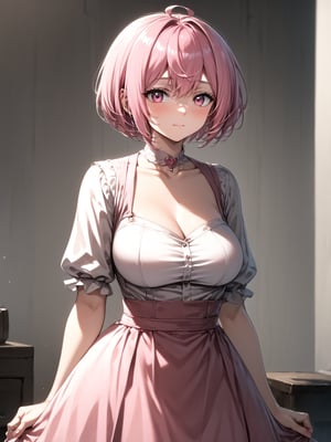 best quality, 8k, 8k UHD, ultra-high resolution, ultra-high definition, highres
,//Character, 
1girl, solo
,//Fashion, 
,//Background, 
,//Others, ,Expressiveh, 
Alural, short hair, pink hair, pink eyes, dress, Female alchemist mixing potions in a cluttered workshop, scrolls with strange symbols, focused expression, vial with swirling black liquid