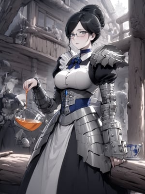 //Quality,
masterpiece, best quality, detailed
,//Character,
,Yuri Alpha \(overlord\), 1girl, solo, grey eyes, glasses, black hair, hair bun, breasts
,//Fashion,
dress, broach, choker, maid, armor, gauntlets, corset
,//Background,
log house, pouring tea
,//Others,
