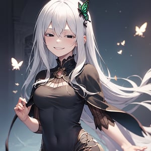 1 Girl, special ability, night, starry sky, shadow, detailed background, echidna, colored eyelashes, white hair, hair between eyes, long hair, straight hair, (black eyes:1.5),BREAK black capelet, black dress, butterfly hair ornament, capelet, dress, hair ornament, IncrsAnyasHehFaceMeme,grin