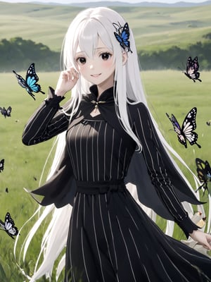 //Quality,
masterpiece, best quality, detailed
,//Character,
solo,echidna_rezero, 1girl, very long hair, white hair, black eyes, colored eyelashes
,//Fashion,
long sleeves, striped, black dress, long dress, butterfly hair ornament, black capelet
,//Background,
grassland, tea time
,//Others,
smile