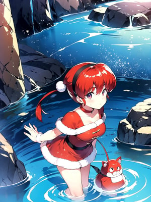 1girl, solo, Hot springs, Ranma style, female Santa,RanmaChan, red_hair,so-bin