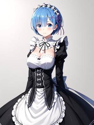 masterpiece, best quality, detailmaster2, 8k, 8k UHD, ultra detailed, ultra-high resolution, ultra-high definition, highres, 
//Background, white_background,
//Character, ,rem \(re_zero\), 1girl, solo, blue eyes, blue hair, short hair, 
//Fashion, ,roswaal mansion maid uniform, hair ribbon
//Others, 