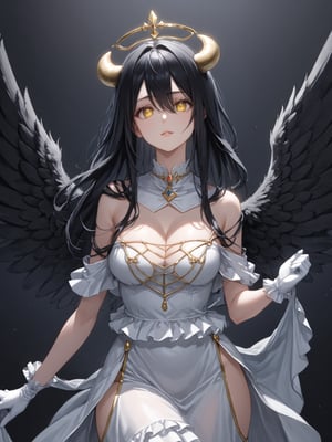 masterpiece, best quality, highres
,//Character, 
1girl, solo,albedo \(overlord\), long hair, black hair, hair between eyes, yellow eyes, horns, ahoge, black wings, feathered wings, low wings
,//Fashion, 
white gloves, white dress, bare shoulders, detached collar, cleavage, slit pupils
,//Background, 
,//Others, ,Expressiveh, 
A young girl with heterochromatic eyes, wearing an elaborate gothic lolita dress, standing confidently in a grand throne room.