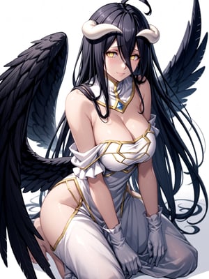 score_9,score_8_up,score_7_up,score_6_up, masterpiece, best quality
,//Character, 
1girl, solo,albedo \(overlord\), long hair, black hair, hair between eyes, yellow eyes, horns, ahoge, black wings, feathered wings, low wings
,//Fashion, 
white gloves, white dress, bare shoulders, detached collar, cleavage, slit pupils
,//Background, white_background
,//Others,
kneeling, tearful