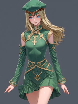 //Character, solo, Frey_VP, 1girl, blue eyes, long hair, blonde hair, 
//Fashion, hat, green dress, detached sleeves, green footwear, 
//Background, simple background, 
//Quality, (masterpiece), best quality, ultra-high resolution, ultra-high definition, highres, intricate, intricate details, absurdres, highly detailed, finely detailed, ultra-detailed, ultra-high texture quality, natural lighting, natural shadow, dramatic shading, dramatic lighting, vivid colour, perfect anatomy, 
//Others, 