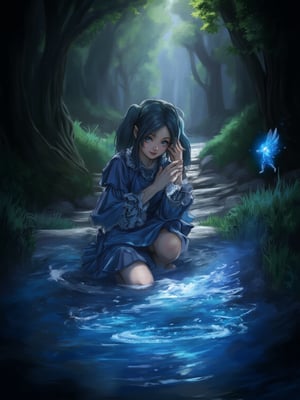 best quality, 8k, 8k UHD, ultra-high resolution, ultra-high definition, highres
,//Character, 
1girl, solo
,//Fashion, 
dress
,//Background, 
,//Others, ,Expressiveh,
The same girl kneeling by a sparkling stream in the forest. She's reaching out to touch a glowing, fairy-like creature hovering above the water. The creature emits a soft blue light. The girl's expression is one of wonder and curiosity.