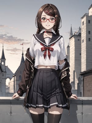 masterpiece, best quality, highres
,//Character, 
1girl, solo,SakimiyaMisaki, brown hair, twin braids, brown eyes, glasses, red-framed eyewear
,//Fashion, 
school uniform, hair ornament, hairclip, pleated skirt, black thighhighs
,//Background, 
,//Others, ,Expressiveh, 
A twin-tailed assassin girl perched on a rooftop, observing a medieval fantasy city at night.