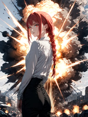 score_9,score_8_up,score_7_up,score_6_up, masterpiece, best quality, 8k, 8k UHD, ultra-high resolution, ultra-high definition, highres
,//Character, 
1girl, solo,makima_v1, red hair, ringed eyes, braided ponytail
,//Fashion, 
black necktie, shirt, collared shirt, black_pants
,//Background, white_background
,//Others, ,Expressiveh,ArtoriaPendragon, explosion, back view, looking at viewer, looking back, fang