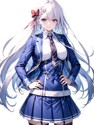 score_9,score_8_up,score_7_up,score_6_up, masterpiece, best quality
,//Character, 
1girl, solo,RiseliaRayCrystalia, very long hair, white hair, braid, blue eyes, medium breasts
,//Fashion, 
earrings, red hair bow, long sleeves, white shirt, collared shirt, black necktie, blue jacket, blue skirt, pleated skirt, black thighhighs, belt
,//Background, white_background
,//Others,
(making a V sign), smile