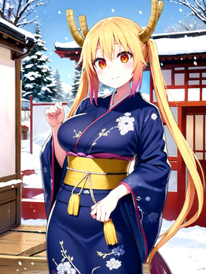 //Quality,
(masterpiece), (best quality), 8k illustration,
,//Character,
1girl, solo, large breasts
,//Fashion,
details (dark blue silk brocade kimono)
,//Background,
Kyoto, outdoors, winter, snow
,//Others,
happy new year 2024, dragon,tohru, tohru \(maidragon\),twintails, multicolored hair, dragon horns
