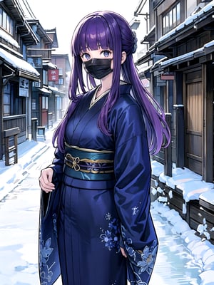 //Quality,
(masterpiece), (best quality), 8k illustration,
,//Character,
1girl, solo, 
,//Fashion,
details (dark blue silk brocade kimono)
,//Background,
Kyoto, outdoors, winter, snow
,//Others,
chin mask,goodbye,aafern, long hair