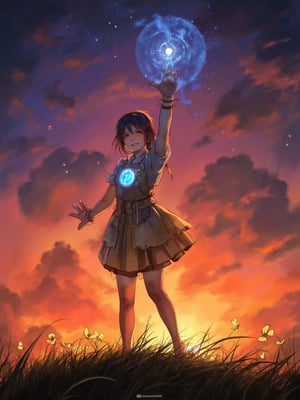 best quality, 8k, 8k UHD, ultra-high resolution, ultra-high definition, highres
,//Character, 
1girl, solo
,//Fashion, 
dress
,//Background, 
,//Others, ,Expressiveh,
The girl standing triumphantly atop a hill, silhouetted against a beautiful sunset. She's holding a magical artifact that glows with rainbow colors. Her posture is confident, and a smile of accomplishment lights up her face. Fireflies dance around her, adding a magical touch to the scene.