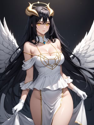 masterpiece, best quality, highres
,//Character, 
1girl, solo,albedo \(overlord\), long hair, black hair, hair between eyes, yellow eyes, horns, ahoge, black wings, feathered wings, low wings
,//Fashion, 
white gloves, white dress, bare shoulders, detached collar, cleavage, slit pupils
,//Background, white background
,//Others, ,Expressiveh, 
