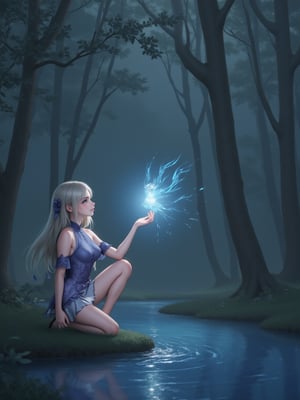 best quality, 8k, 8k UHD, ultra-high resolution, ultra-high definition, highres
,//Character, 
1girl, solo
,//Fashion, 
dress
,//Background, 
,//Others, ,Expressiveh,
The same girl kneeling by a sparkling stream in the forest. She's reaching out to touch a glowing, fairy-like creature hovering above the water. The creature emits a soft blue light. The girl's expression is one of wonder and curiosity. ,2bEimi